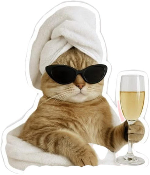 A relaxed cat holding a glass, used as a playful symbol of calm